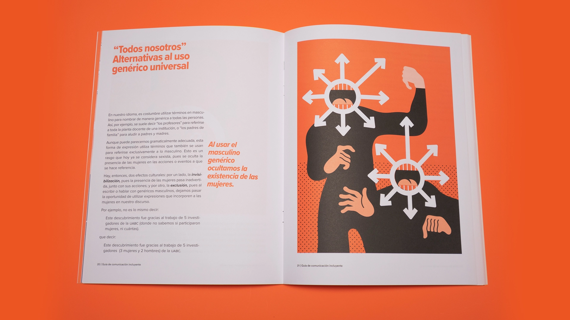 Guia de comunicación incluyente UABC 2 3 libros abiertos mostrando el diseño editorial